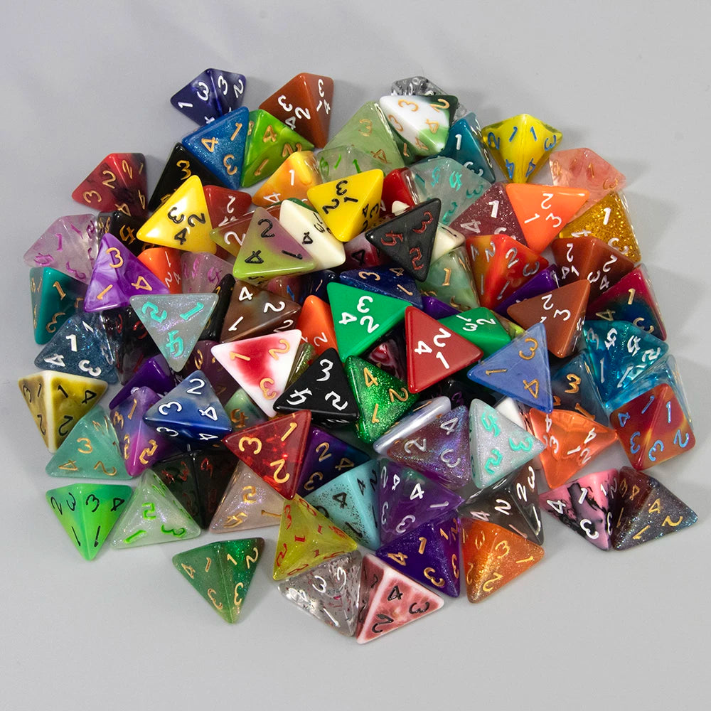 A pile of ten polyhedral dice in various colors and shapes for tabletop role-playing games