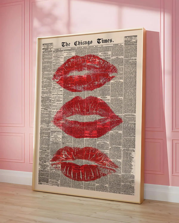 Framed canvas art featuring a vintage newspaper style image of red lips.