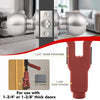 A silver door latch mechanism and a red mortise installation kit for use with 1-3/4 inch or 1-3/8 inch doors.