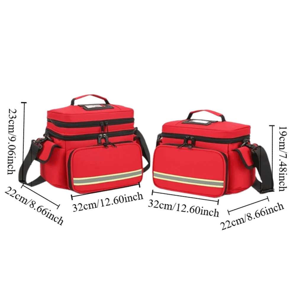 A pair of red waterproof double-layer trauma and first aid bags with black straps.