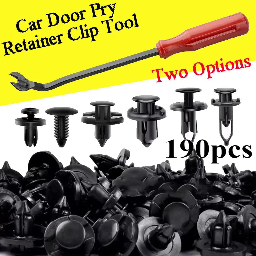 A set of two options for a car door pry retainer clip tool, including various nylon push rivets.