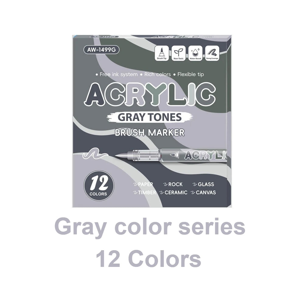 Box of Gray Tones acrylic brush markers featuring 12 colors for art and crafting