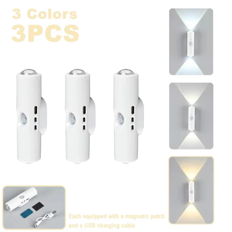 Three white rechargeable motion sensor LED night lights in three colors packaged as three pieces