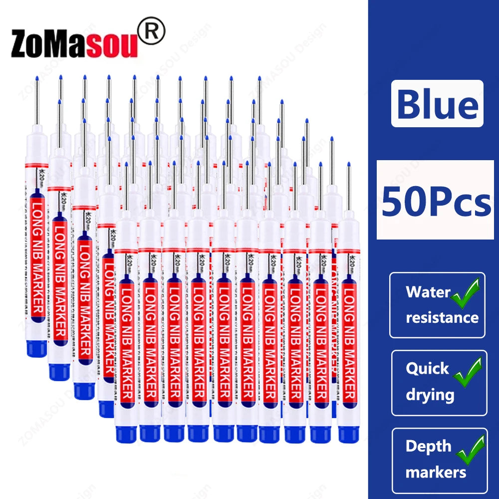 A set of 50 blue long-head waterproof deep hole markers for woodworking and construction