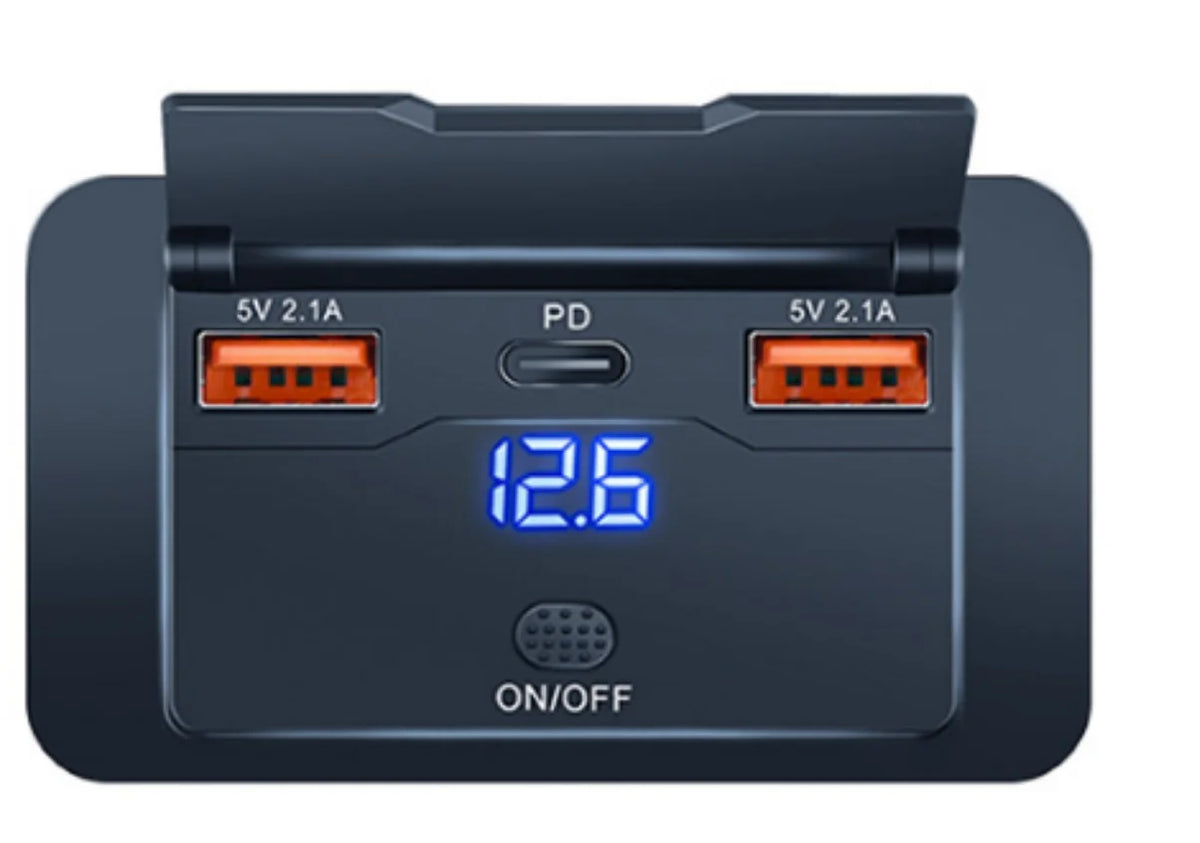 A black dual USB car charger adapter with PD and QC3.0 fast charging ports and an ON/OFF switch.