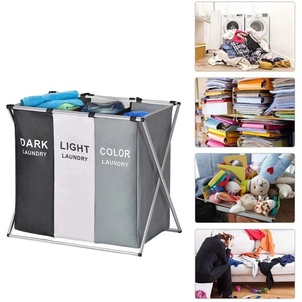 A foldable waterproof laundry basket with dark, light, and color sorting compartments shown next to laundry items.