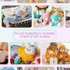 An assortment of crochet hooks and yarn crafts including stuffed animals and accessories.