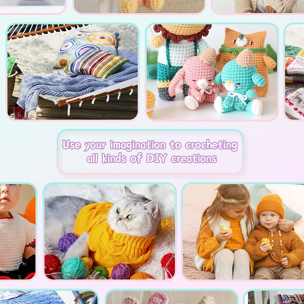 An assortment of crochet hooks and yarn crafts including stuffed animals and accessories.