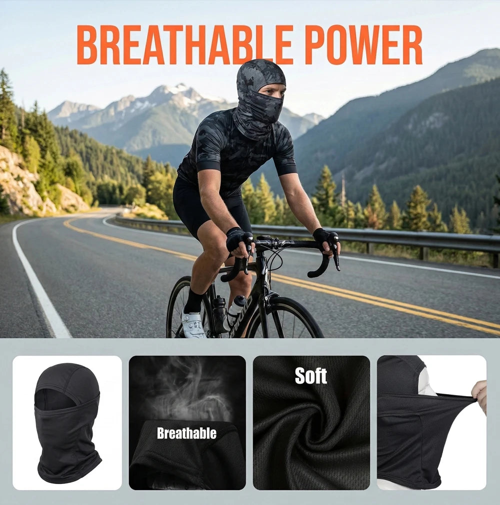 A man wearing a black breathable balaclava cap while cycling on a scenic mountain road.