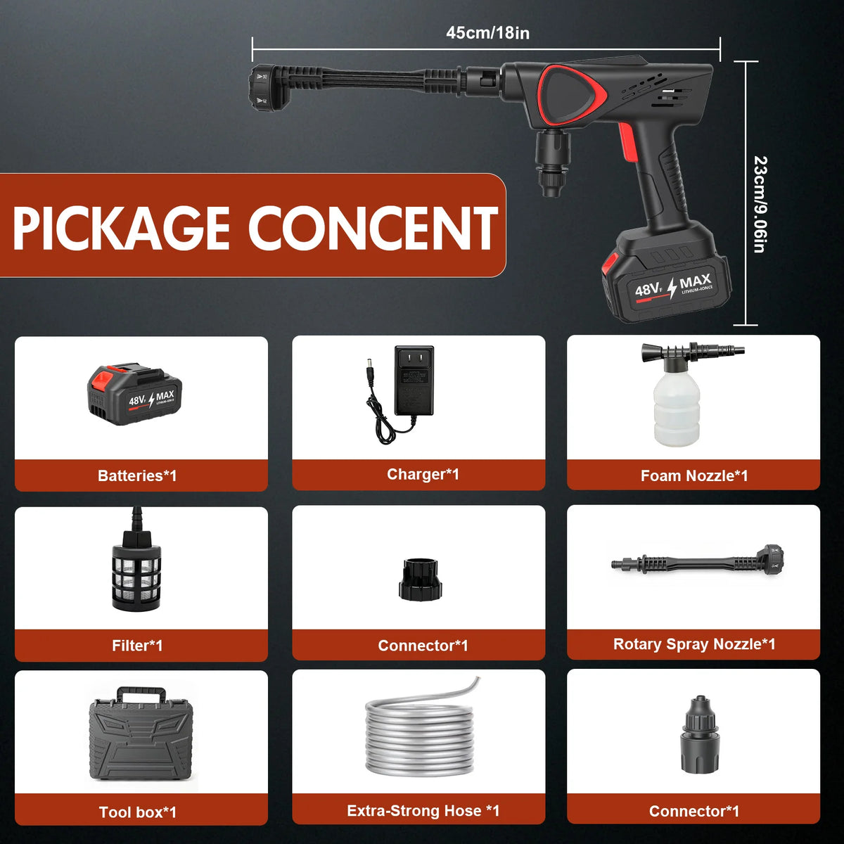 A black cordless electric pressure washer with various accessories including a foam nozzle, filter, and connectors.