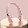 A pink hands-free bladeless neck fan with a digital display is shown on a round pedestal.