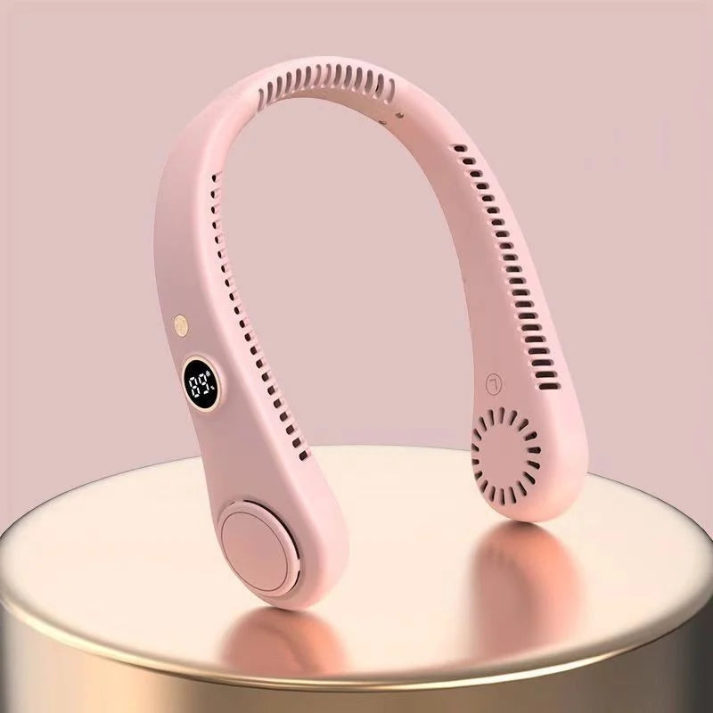 A pink hands-free bladeless neck fan with a digital display is shown on a round pedestal.