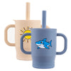 A light blue silicone training cup with a straw and handles, featuring a fish design.
