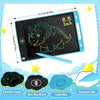 A blue LCD writing tablet for kids showing a dinosaur drawing on the screen with an eraser and lock key.