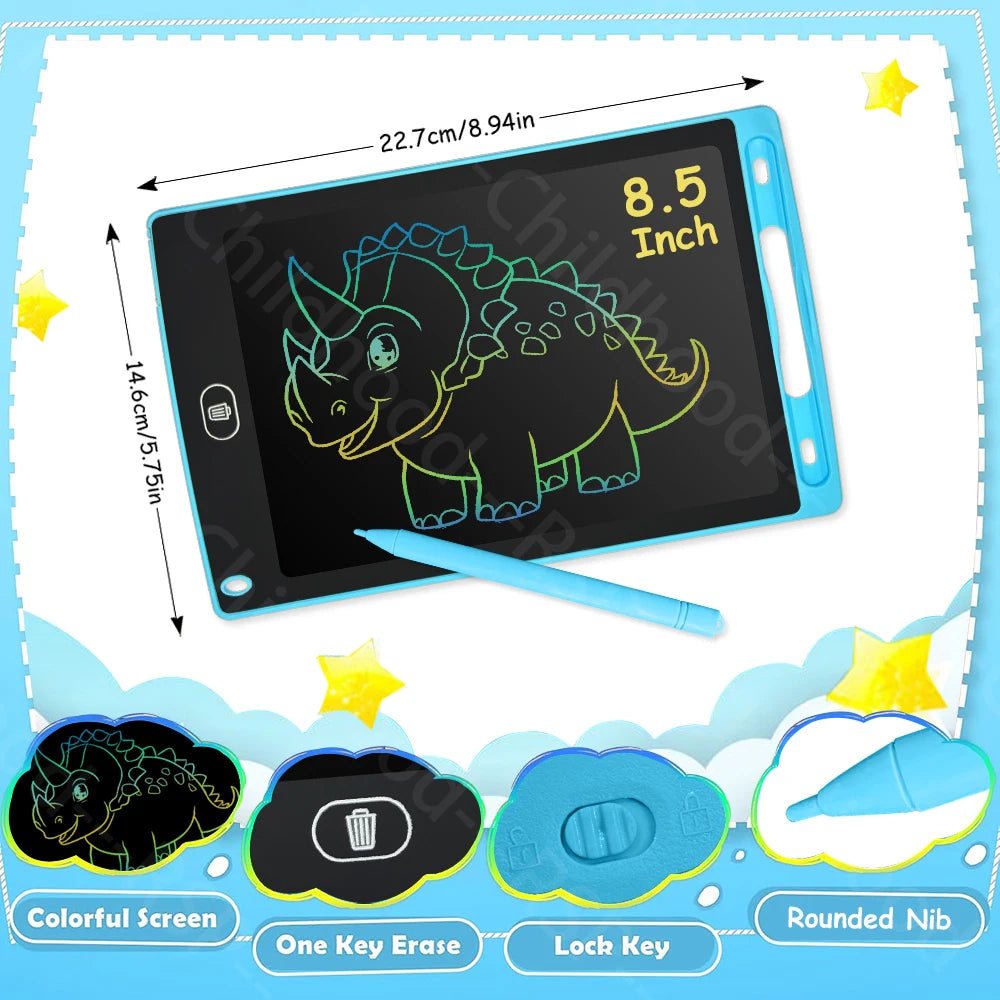A blue LCD writing tablet for kids showing a dinosaur drawing on the screen with an eraser and lock key.
