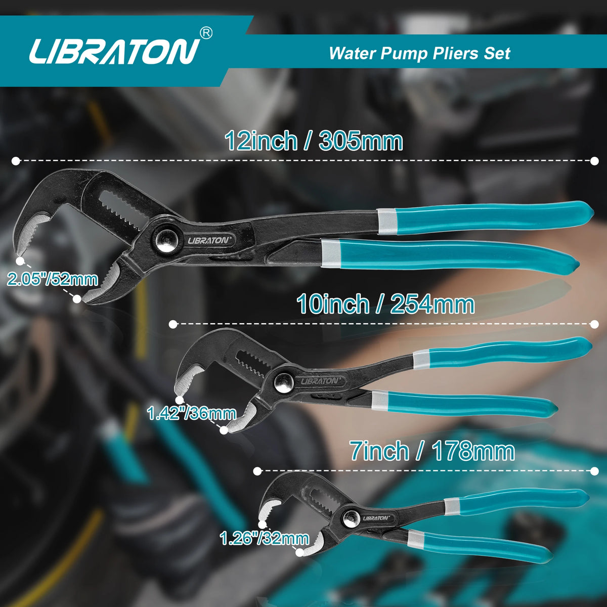 A set of Lubraton water pump pliers in various sizes, including 12 inch, 10 inch, 7 inch, and 1.26 inch.