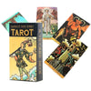A set of black Radiant Wisdom Tarot cards and guidebook featuring illustrations of figures and symbols.