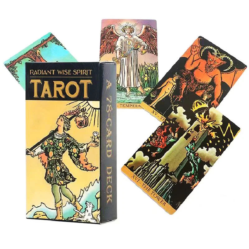 A set of black Radiant Wisdom Tarot cards and guidebook featuring illustrations of figures and symbols.