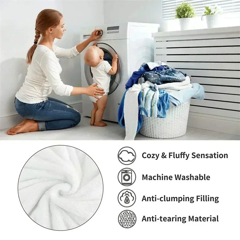 A woman is folding a white fleece blanket next to a washing machine, with features listed for cozy and durable use.