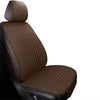 A close-up view of a dark brown quilted car seat cover set.