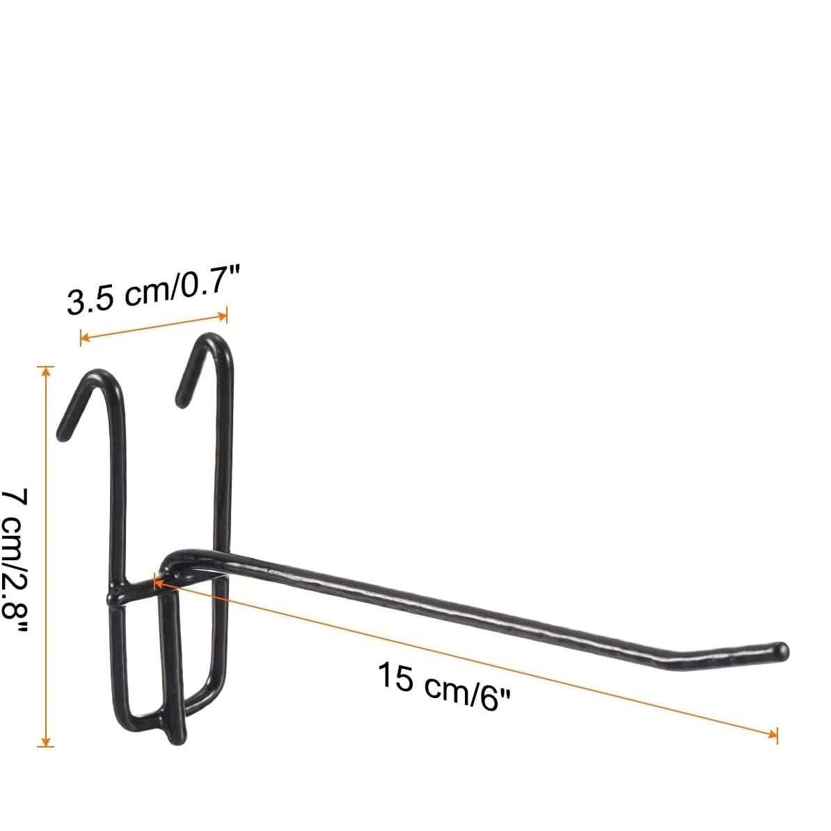 Black heavy duty grid hooks for display and organization with a 15 cm length and 7 cm height.