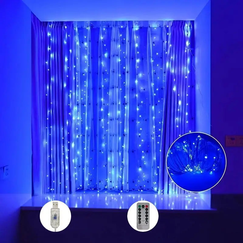 Blue LED curtain string lights with remote illuminating a window in a room