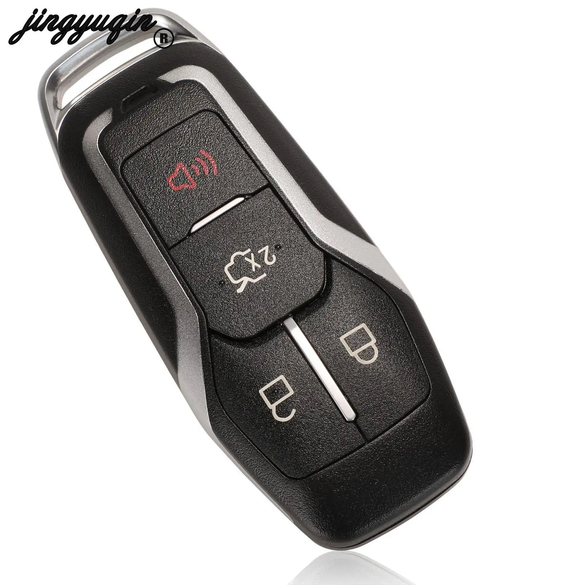A black Ford smart key replacement shell with a translucent blade and electronic components.