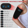 A black controller device is shown next to a person's arm, illustrating its functions for brightness and frequency settings.