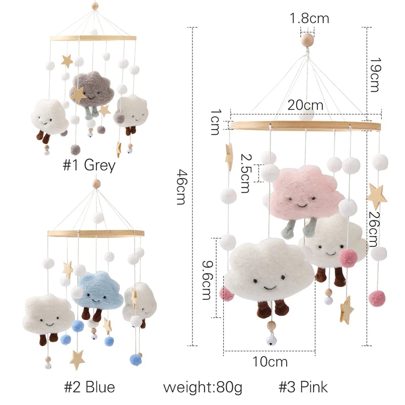 Wooden and Felt Crib Mobile with Cloud and Star Rattles