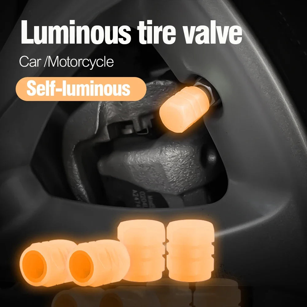 Close-up of a luminous self-illuminating tire valve cap and several orange glow-in-the-dark valve caps.
