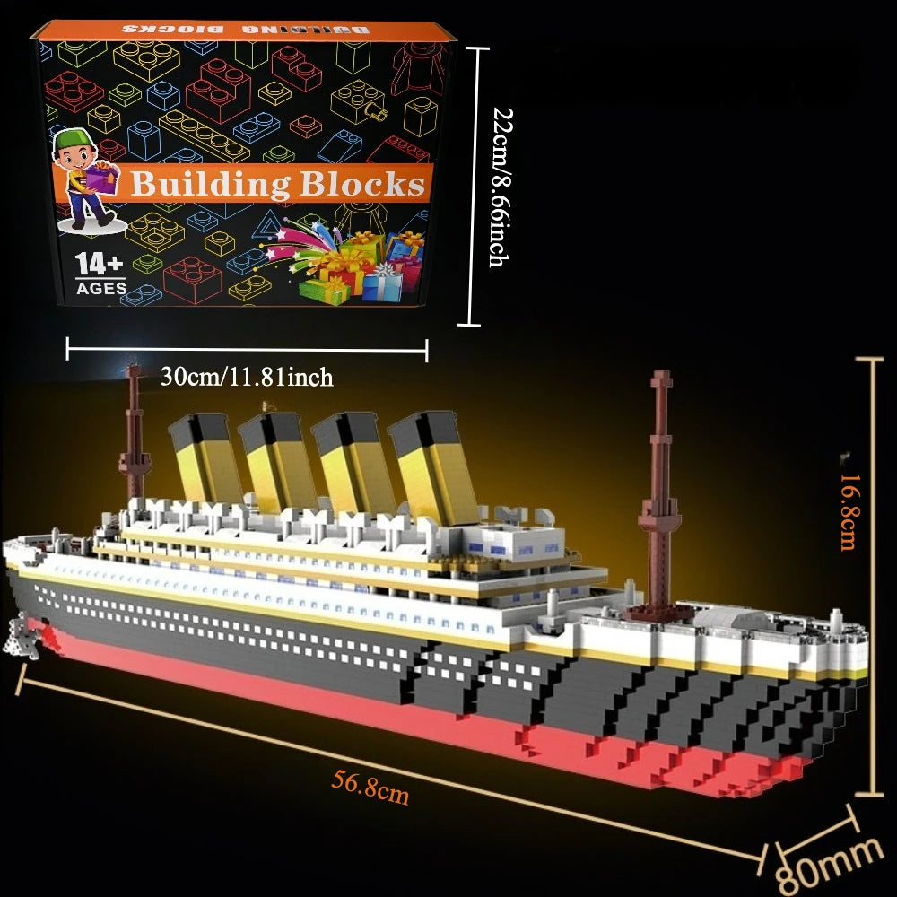 A detailed model of a Titanic ship built from building blocks, shown in profile view.