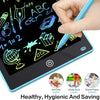 A hand writes on a black LCD writing tablet showing colorful drawings and mathematical equations.