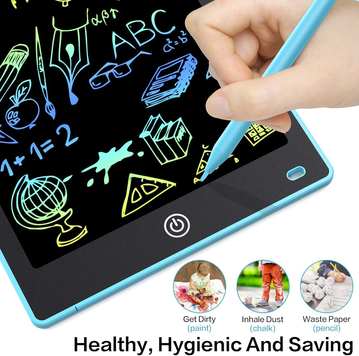 A hand writes on a black LCD writing tablet showing colorful drawings and mathematical equations.
