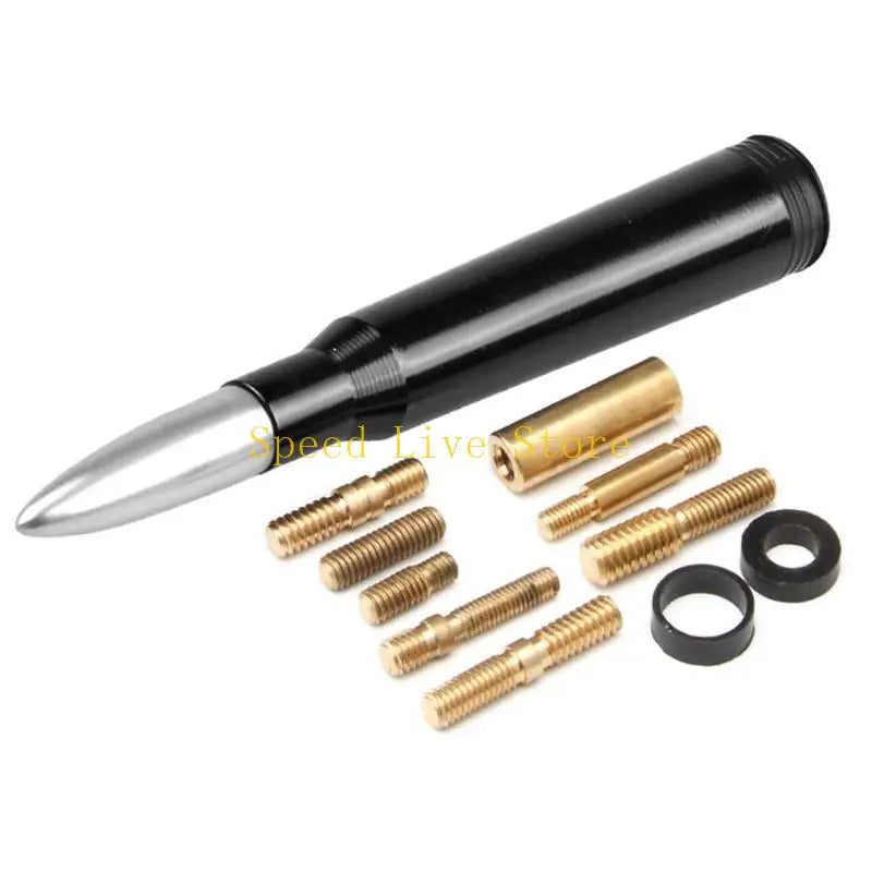 A black carbon fiber style short radio antenna with various threaded mounting screws.