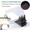 An optically coated PMMA lens is shown with a clear image projected onto a tracing board and a corresponding holder.