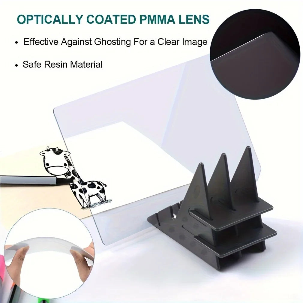 An optically coated PMMA lens is shown with a clear image projected onto a tracing board and a corresponding holder.
