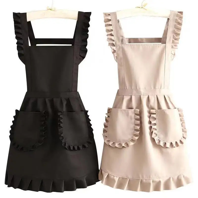 A black Korean style cotton kitchen apron with adjustable neck strap and pleated details.