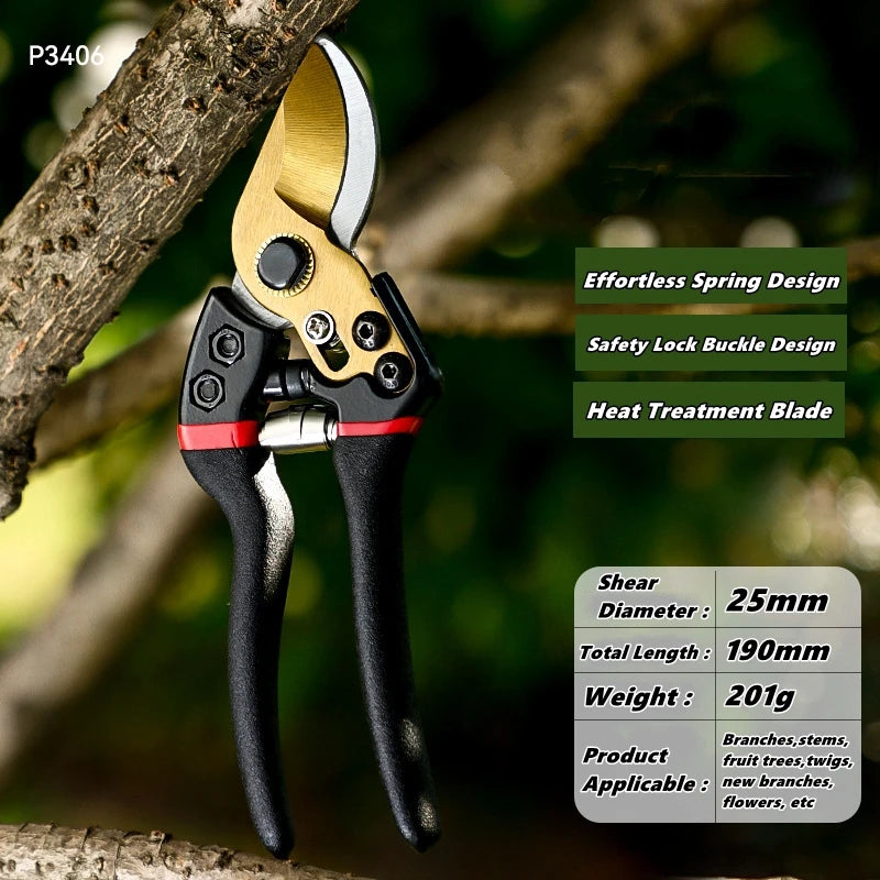 A pair of black and gold precision pruning shears with a heat-treated blade are shown against a tree branch.