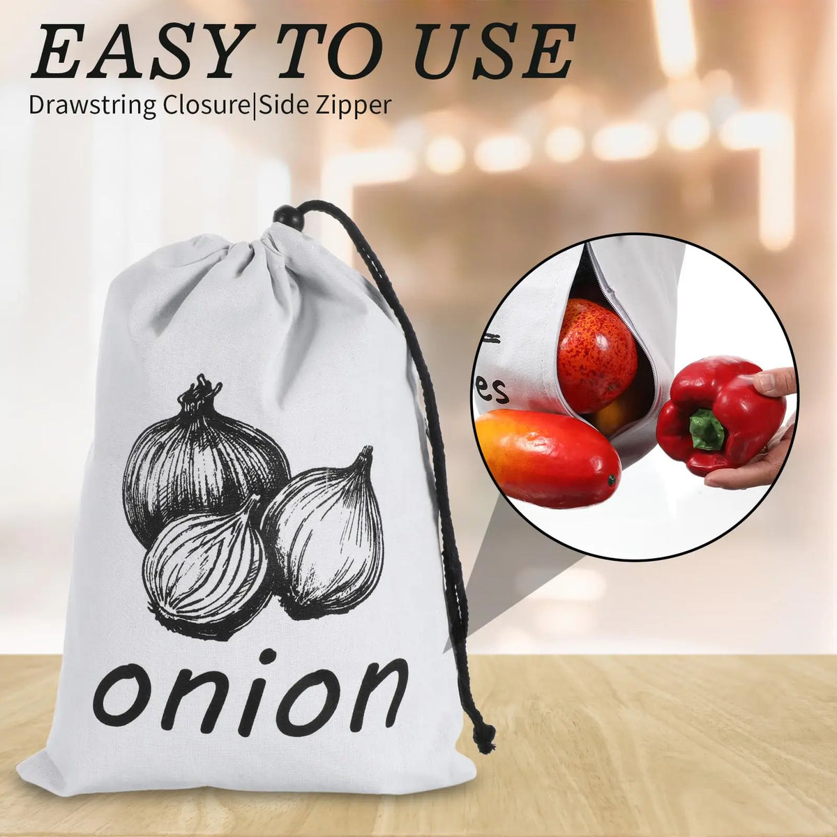 Large Drawstring Canvas Storage Bags with Side Zipper for Vegetables and Fruits