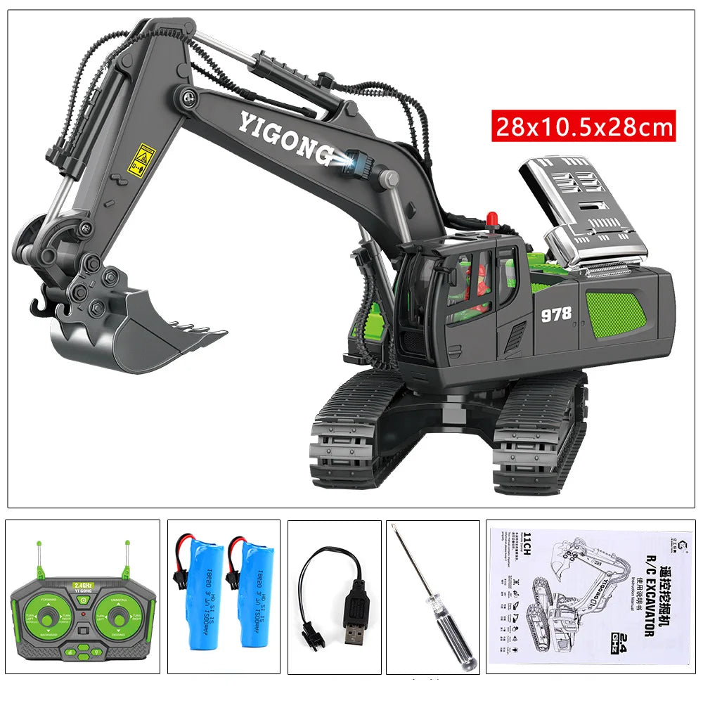 A remote controlled excavator toy set with a yellow and black body, attached to a green and black remote controller and acces