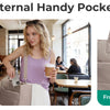A woman holds a tan boxy tote bag with an external handy pocket for quick access.