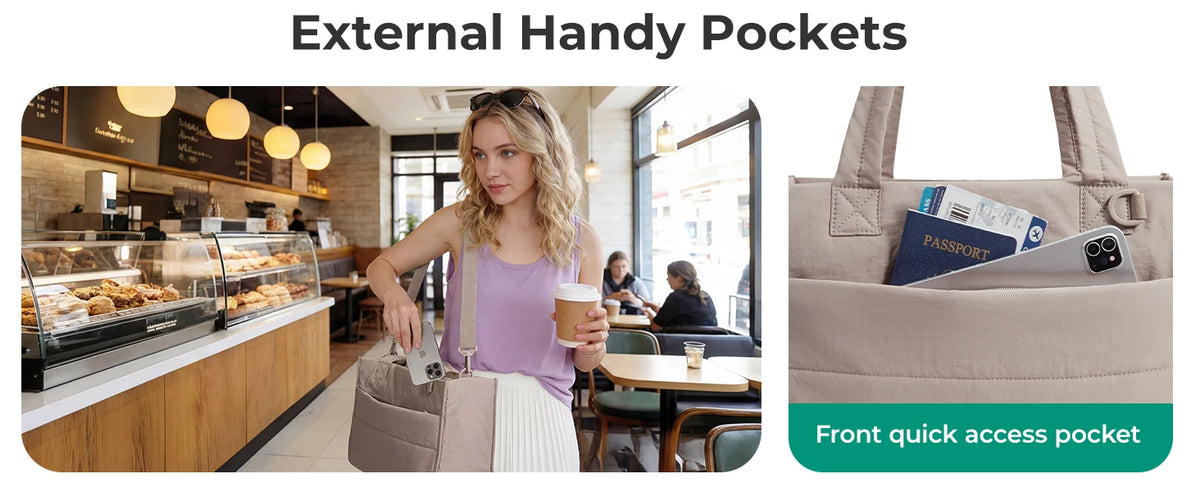 A woman holds a tan boxy tote bag with an external handy pocket for quick access.