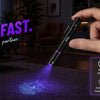 A hand holds a mini UV LED pen light illuminating a surface, demonstrating its features for cleaning and pet care.