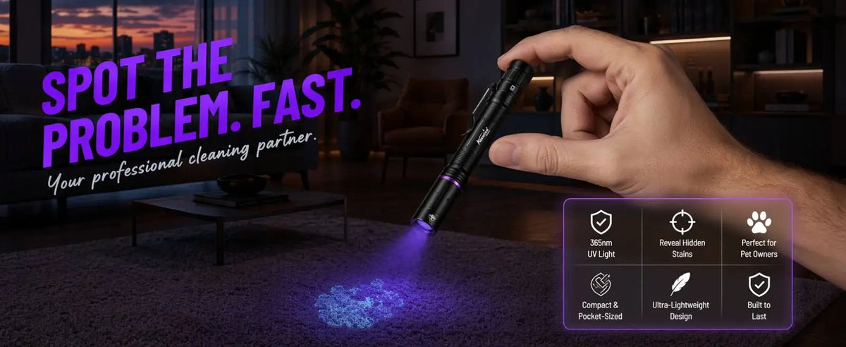 A hand holds a mini UV LED pen light illuminating a surface, demonstrating its features for cleaning and pet care.