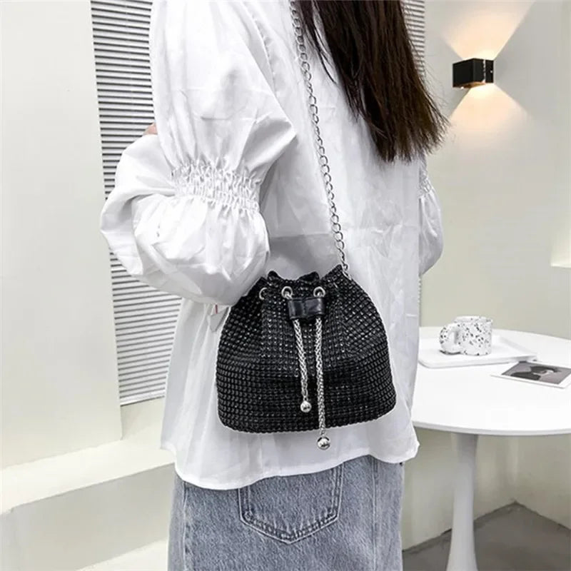 Rhinestone Bucket Crossbody Bag with Detachable Chain Strap