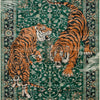 A richly patterned area rug featuring a detailed jungle tiger print in shades of orange and black on a green background.