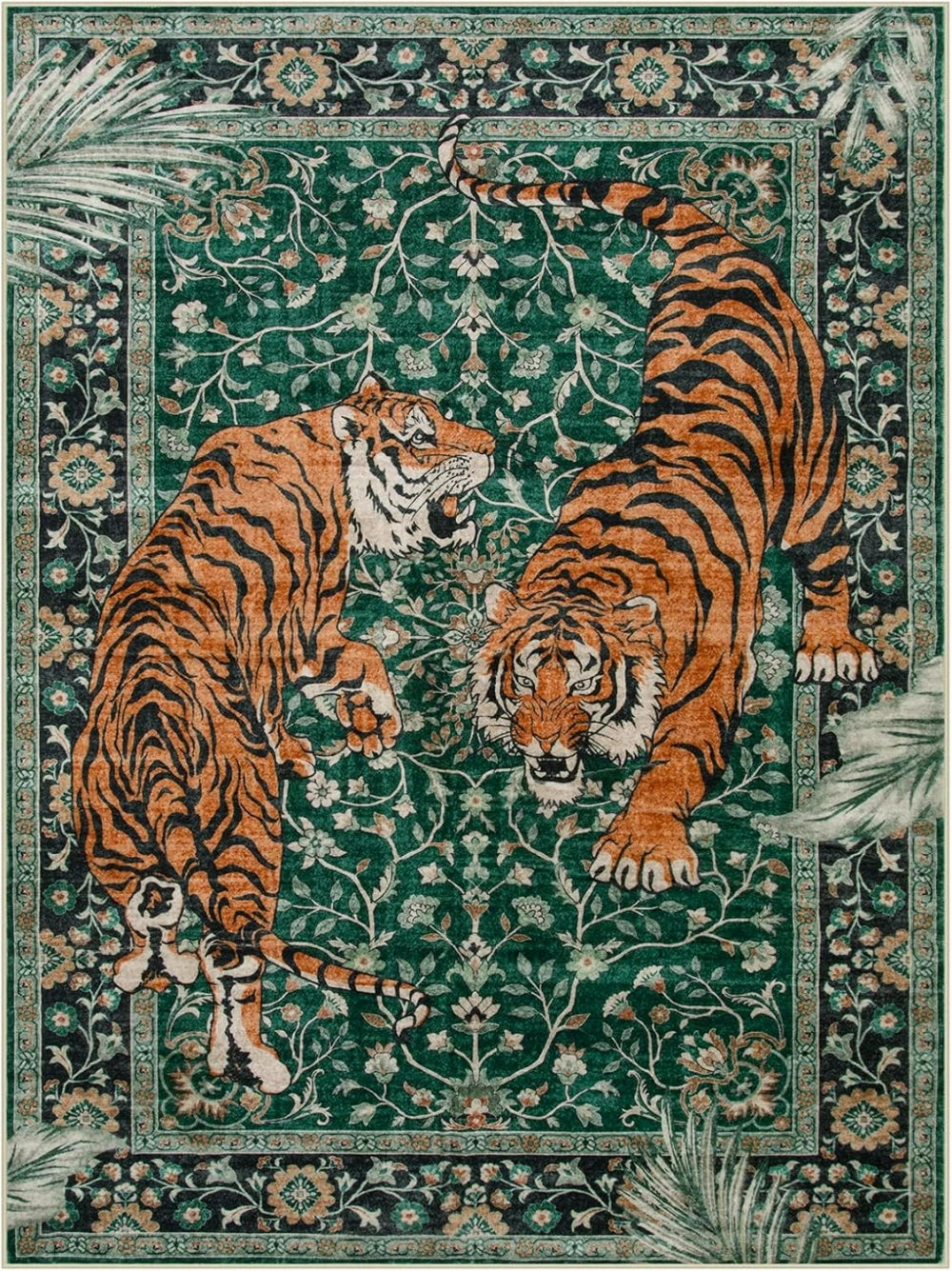 A richly patterned area rug featuring a detailed jungle tiger print in shades of orange and black on a green background.