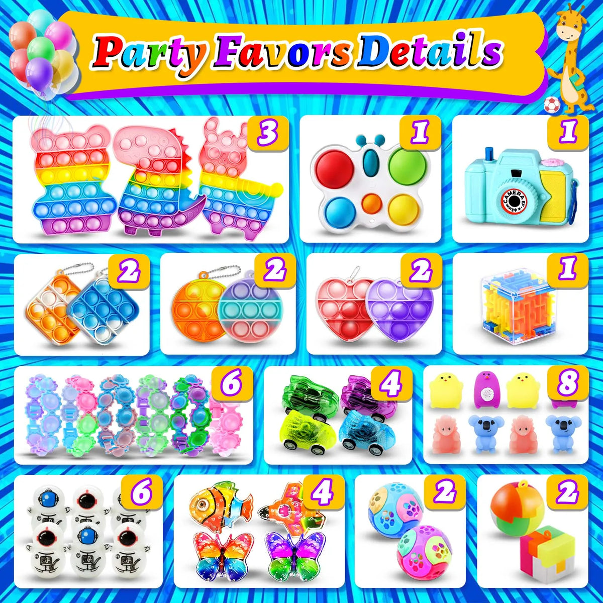 A colorful party pack of sensory fidget toys and stickers including various silicone toys, fidget cubes, and small plastic it
