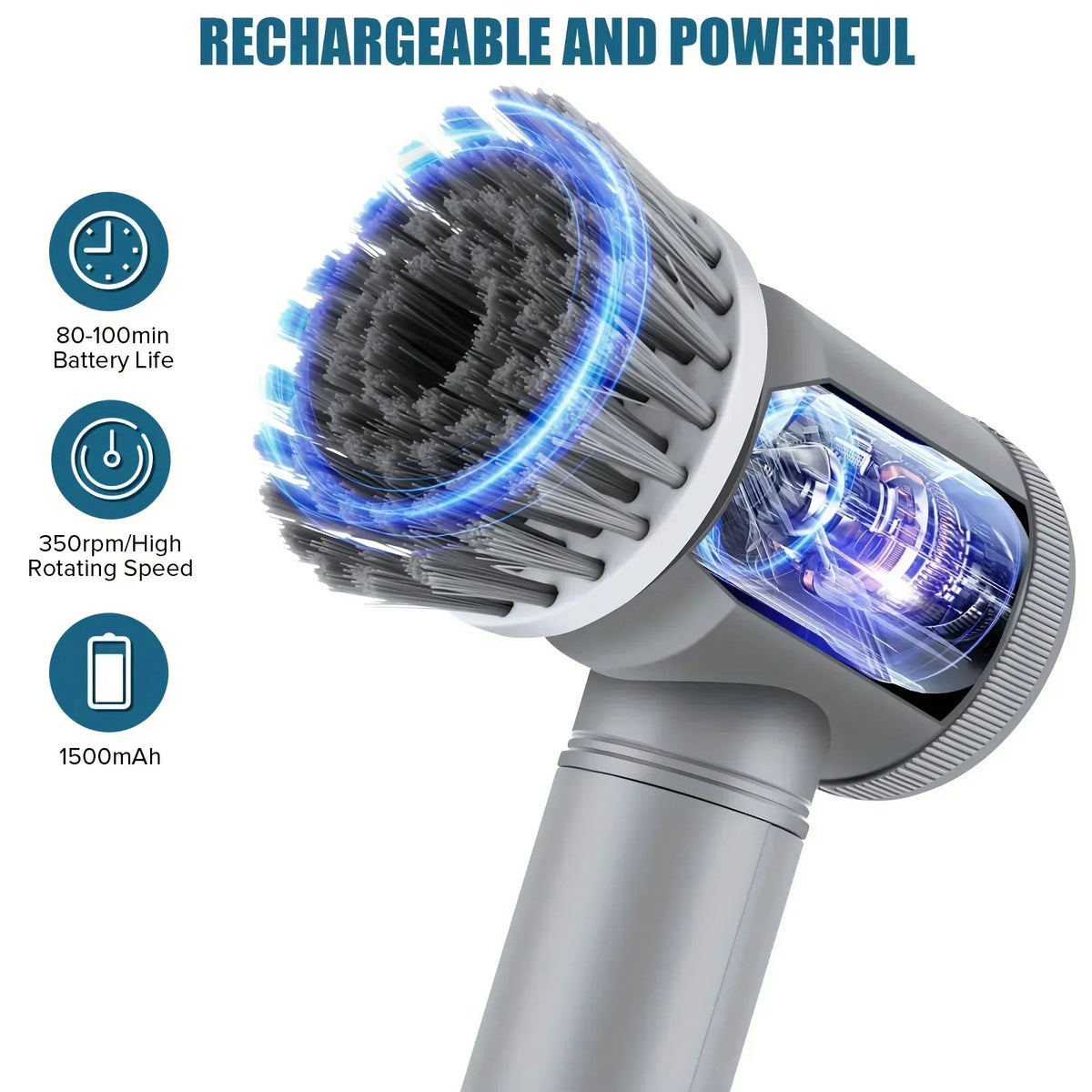 A cordless electric spin scrubber with a rotating brush head and battery indicator icons.