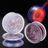 A professional aluminum yo-yo with LED lights is shown in various stages of motion and display.
